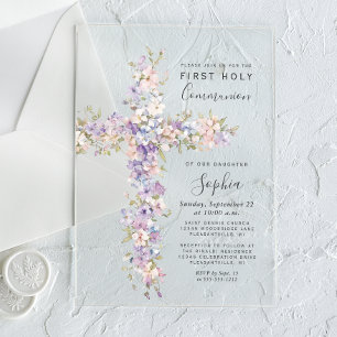 Syringa Blush Waterverf Bloemkruis Eerste Communie Acryl Uitnodigingen