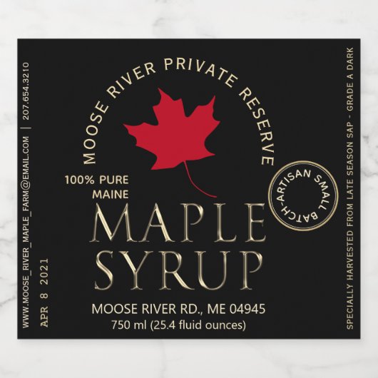 Syrup van de privéreservemaple Black met rood lef Likeurfles Etiket (Enkel label)