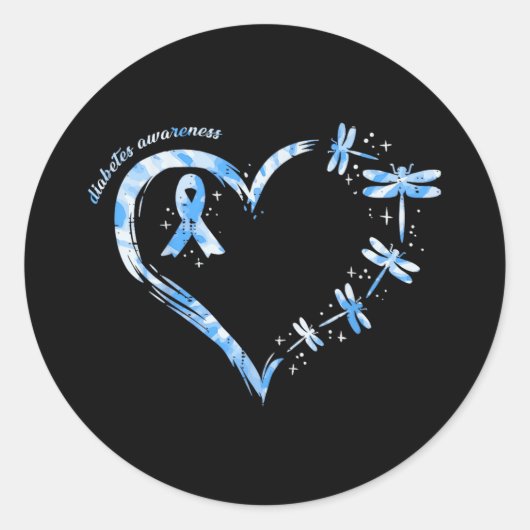 T1d Diabetes Awareness Heart Dragonflies Blauwe Ri Ronde Sticker (Voorkant)