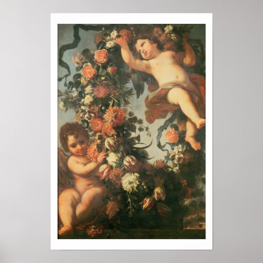 T32714 Two Putti Support a Flower Garland Poster (Voorkant)