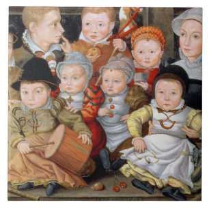 T33337 Portret van een moeder met haar acht kinder Tegeltje