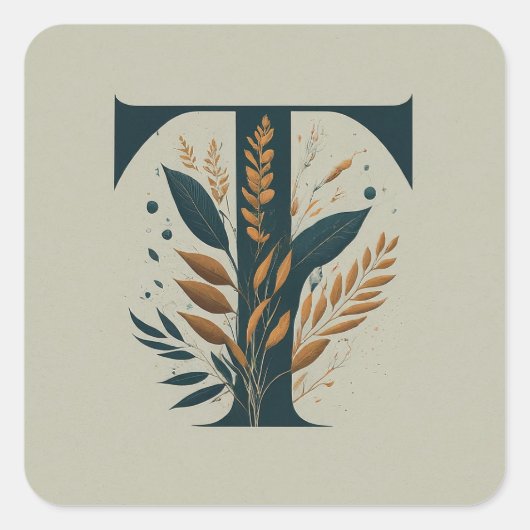 T botanisch monogram vierkante sticker (Voorkant)