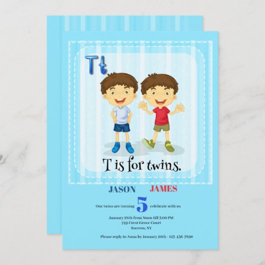 T est pour Twins Boys Invitation fête d'anniversai (Devant / Derrière)