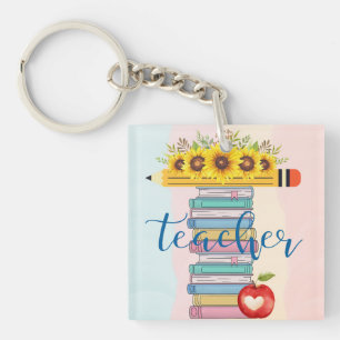 T is voor leraar Floral Pencil Books Apple Sleutelhanger