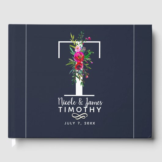T Letter Initiaal Monogram Bloemen Naam Bruiloft Gastenboek (Voorkant)
