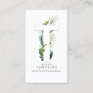 T Letter Monogram Gold Greenery leveert elegant Visitekaartje