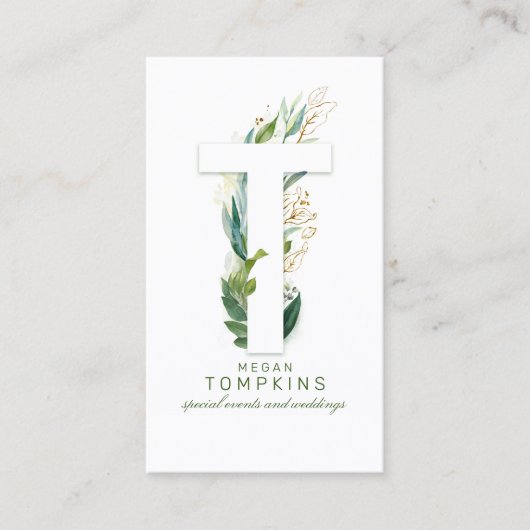 T Letter Monogram Gouden Greenery Bladeren Elegant Visitekaartje (Voorkant)