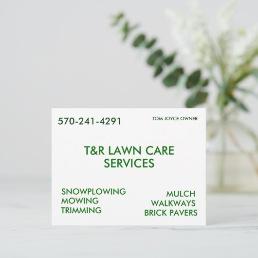 T&R LAWN CARE, SERVICES, SNOWPLOWING, MOWING, T... BRIEFKAART (Staand voorkant)