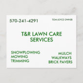 T&R LAWN CARE, SERVICES, SNOWPLOWING, MOWING, T... BRIEFKAART (Voorkant)