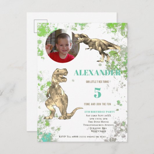 T rex 5e verjaardag Tyrannosaurus Foto Uitnodiging Briefkaart (Voorkant / Achterkant)