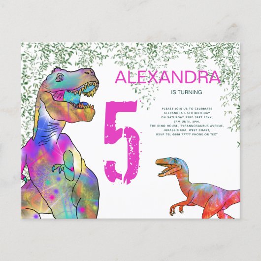 T Rex 5th Birthday Party Budget Uitnodiging Roze Flyer (Voorkant)