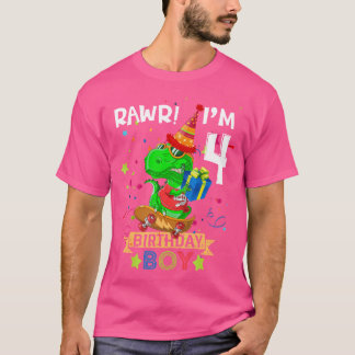 T Rex Boy 4 jaar oude 4e verjaardag Boy Party Raw T-shirt