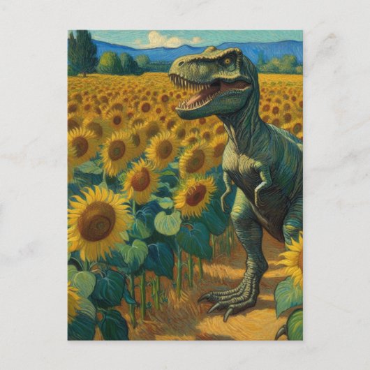T-Rex Dino in het Zonnebloemveld Van Gogh Briefkaart (Voorkant)
