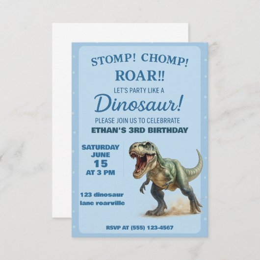 T-Rex Dino Invitation de fête d'anniversaire pour (Devant / Derrière)