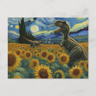 T-Rex Dinos in Van Gogh Sterrennacht Zonnebloemen Briefkaart