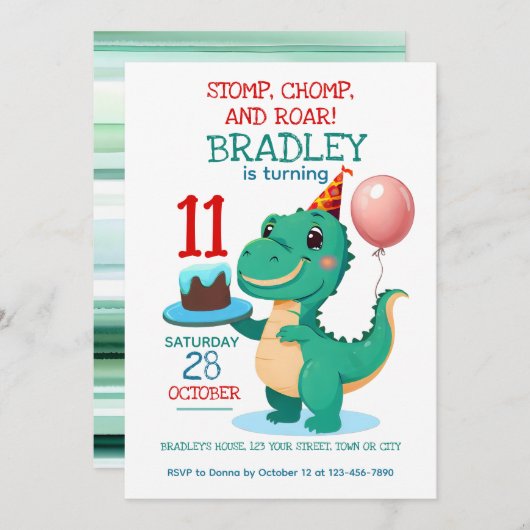 T Rex Dinosaur 11e Invitation de fête d'anniversai (Devant / Derrière)
