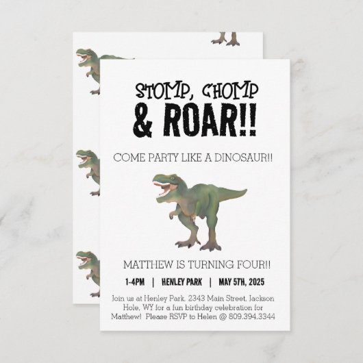 T-Rex Dinosaur 4e Invitation de fête d'anniversair (Devant / Derrière)