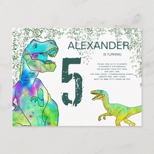 T Rex Dinosaur 5e Anniversaire Fête Invitation (Devant)