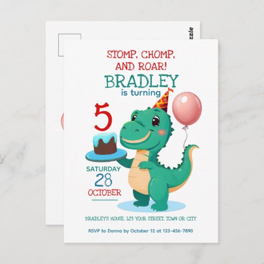T Rex Dinosaur 5e Anniversaire Fête Invitation (Devant / Derrière)