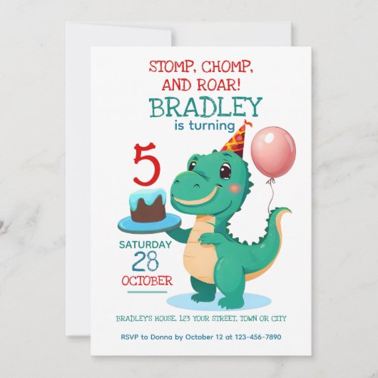 T Rex Dinosaur 5e Anniversaire Fête Invitation (Devant)