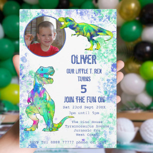 T rex Dinosaur 5e Verjaardagsfoto Groen Blauw Kaart