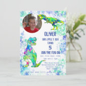 T rex Dinosaur 5th Birthday Foto Green Blue Kaart (Staand voorkant)