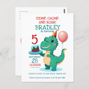 T Rex Dinosaur 5th Birthday Party Invitation Briefkaart
