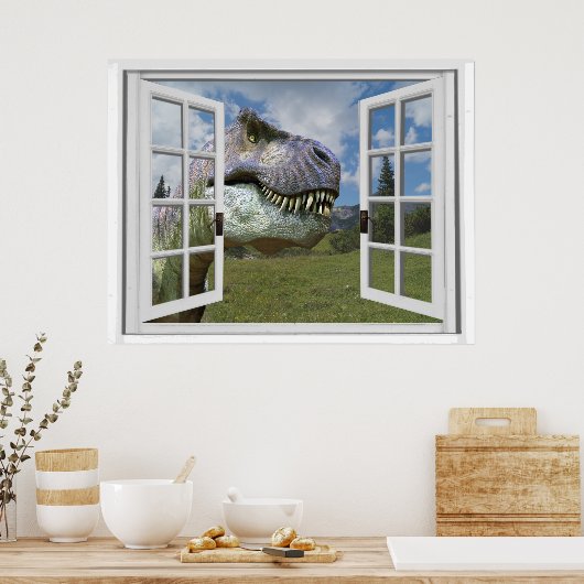 T-Rex Dinosaur Afbeelding Uitzicht Fake Window Poster (Keuken)