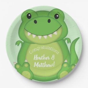 T-Rex Dinosaur Baby shower Green Papieren Bordje