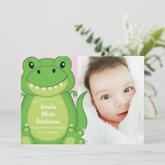 T-Rex Dinosaur bébé Faire-part rose (Debout devant)