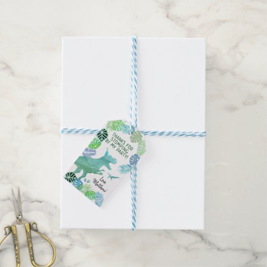 T-Rex Dinosaur Greenery Birthday Dank u Cadeaulabel (Met Touw)
