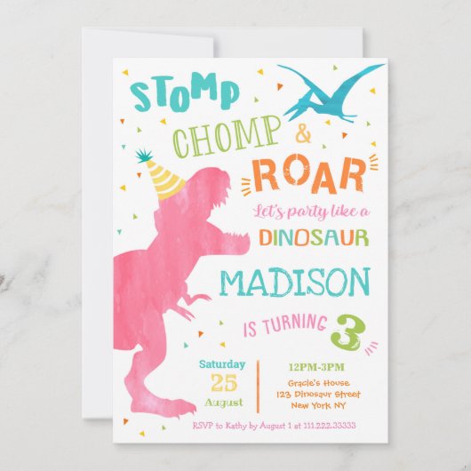 T Rex Dinosaur Invitations de fête d'anniversaire (Devant)