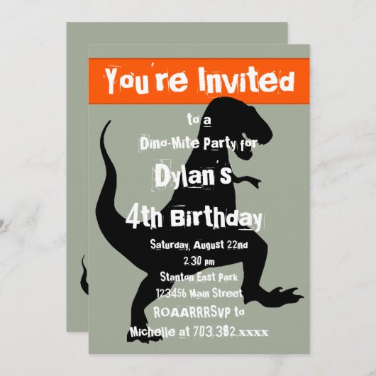 T Rex Dinosaur Orange Anniversaire Fête Invitation (Devant / Derrière)