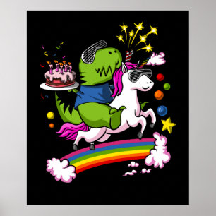 T-Rex Dinosaur Riding Unicorn Birthday Party Poster