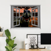 T-Rex Dinosaur Sunset Uitzicht Faux Window Poster (Thuiskantoor)