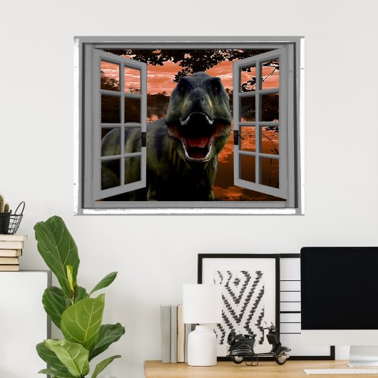 T-Rex Dinosaur Sunset Uitzicht Faux Window Poster (Thuiskantoor)