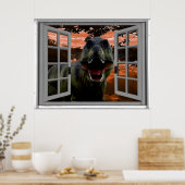 T-Rex Dinosaur Sunset Uitzicht Faux Window Poster (Keuken)