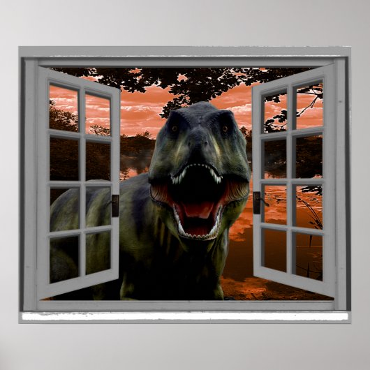 T-Rex Dinosaur Zonsondergang Nep Raam Poster (Voorkant)