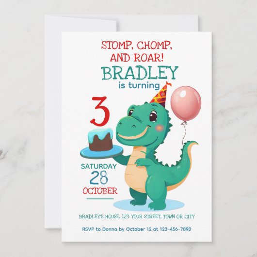 T Rex Dinosaurus 3e verjaardag Party uitnodiging (Voorkant)