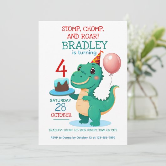 T Rex Dinosaurus 4e verjaardag Party uitnodiging (Staand voorkant)