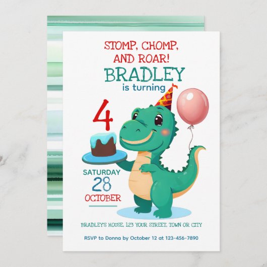 T Rex Dinosaurus 4e verjaardag Party uitnodiging (Voorkant / Achterkant)