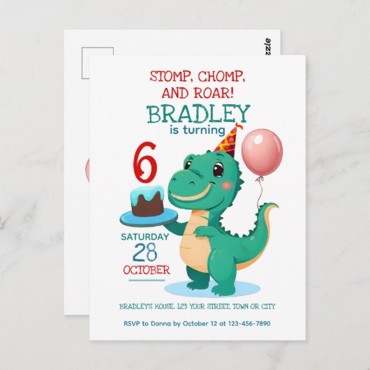 T rex dinosaurus 6e verjaardag feestuitnodiging briefkaart (Voorkant / Achterkant)