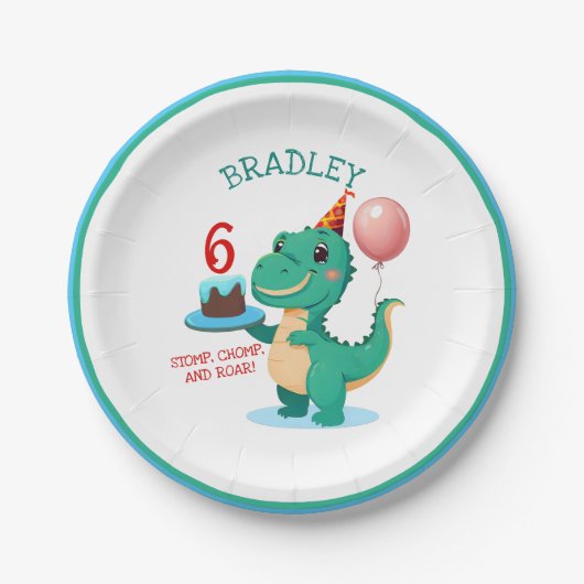 T Rex Dinosaurus 6e Verjaardagsfeest Papieren Bordje (Voorkant)