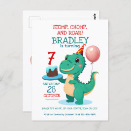 T rex dinosaurus 7e verjaardag feestuitnodiging briefkaart
