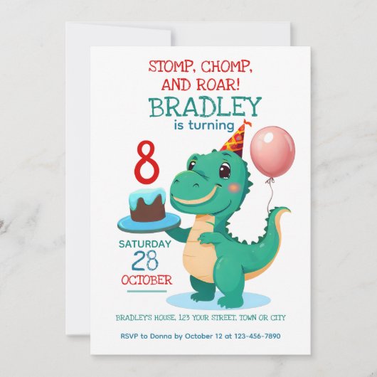 T Rex Dinosaurus 8e Verjaardag Feest Uitnodiging (Voorkant)