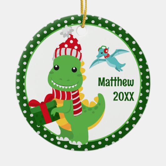 T-Rex Dinosaurus Gepersonaliseerde Kinder Kerst Keramisch Ornament (Voorkant)