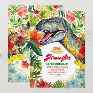 T-Rex Dinosaurus Kleurrijke Bloemen Meisje Verjaar Kaart