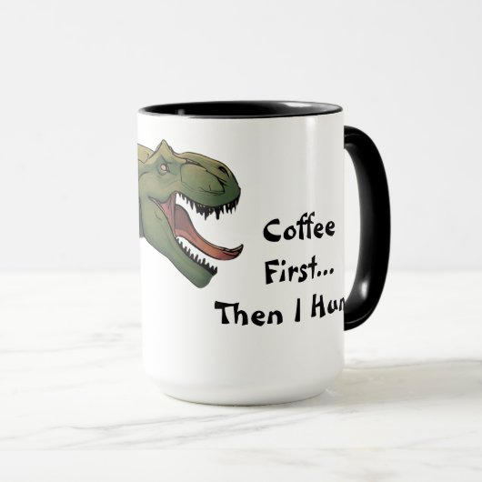 T-Rex Dinosaurus Koffie Eerst Dan Jaag Ik Mok (Voorkant rechts)
