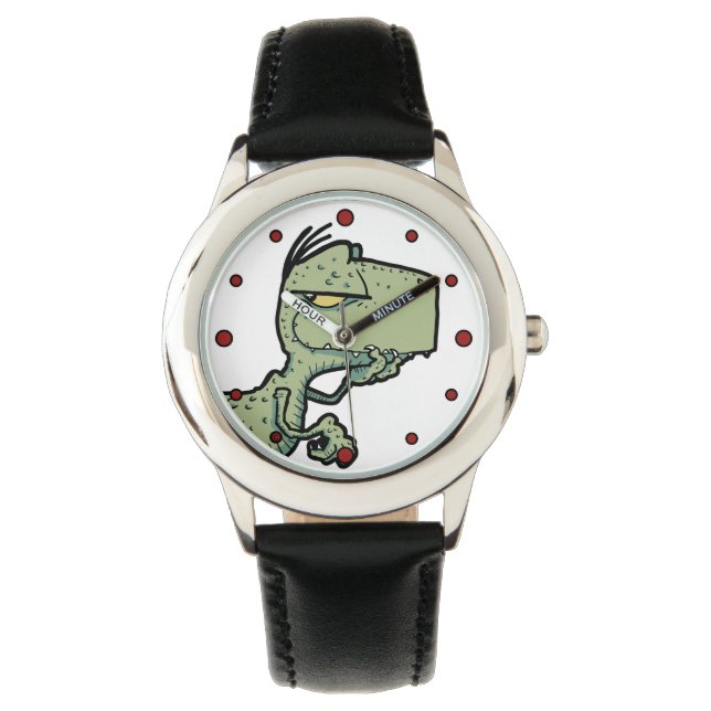 T-Rex Dinosaurus Rood Groen Cartoon Kinder Horloge (Voorkant)