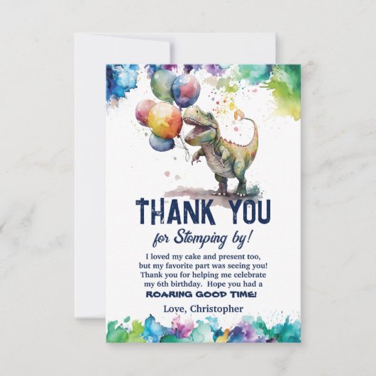 T-Rex Dinosaurusballonnen Verf Splash Verjaardag Bedankkaart (Voorkant)